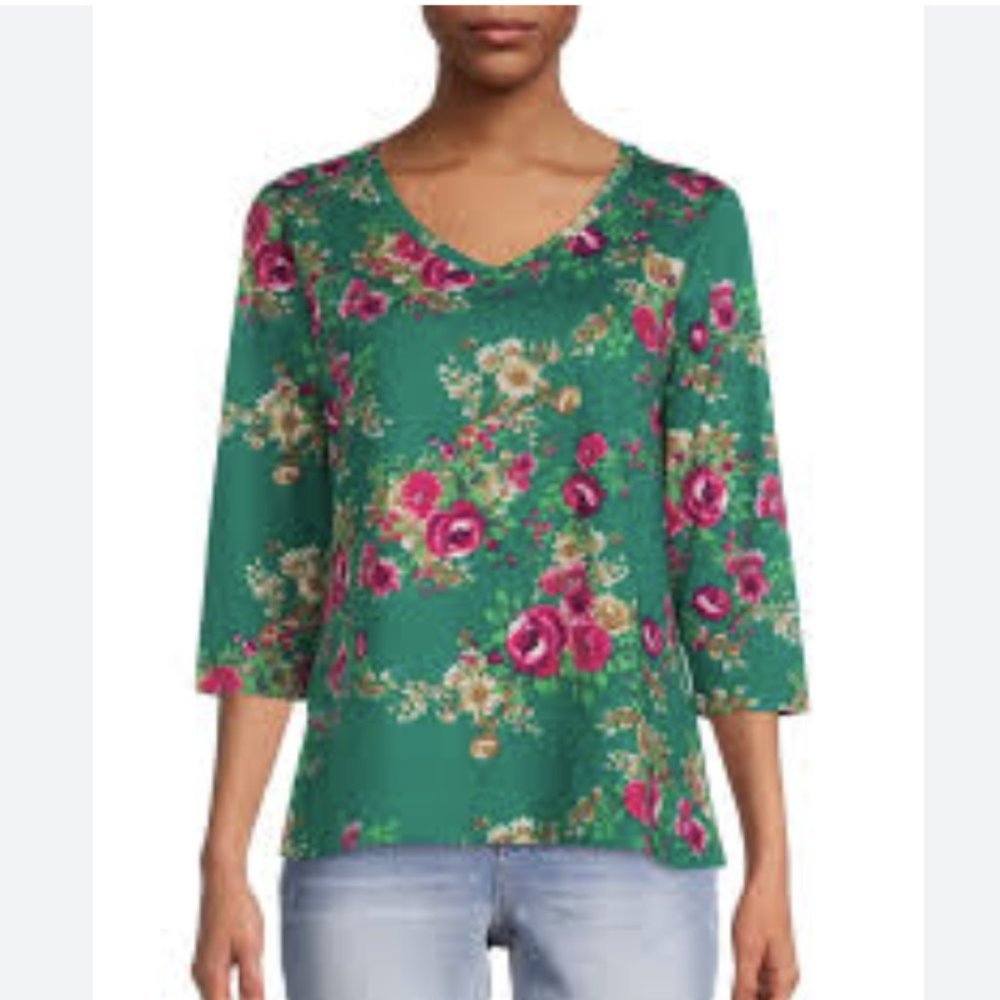 The Pioneer Woman Green Floral Print 3/4 Sleeve Knit Top S
